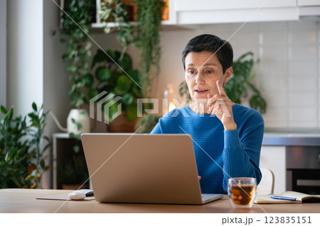 Engaged mature businesswoman gestures explaining tasks on video meeting at home with tea and notes 123835151
