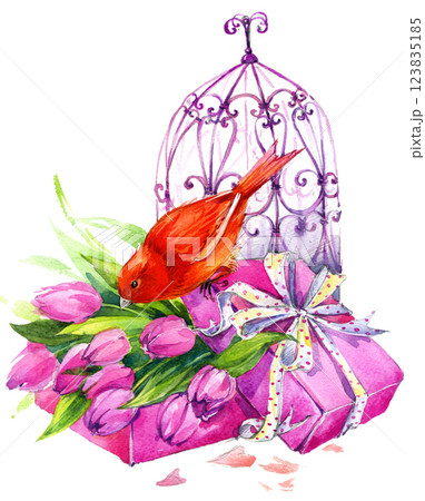 Vintage Postcard with flowers, bird and bird cage. Watercolor illustration Vintage Postcard with flowers, bird and bird cage. Watercolor illustration 123835185