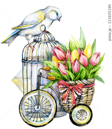 Vintage Postcard with flowers, bird and bird cage. Watercolor illustration Vintage Postcard with flowers, bird and bird cage. Watercolor illustration 123835190