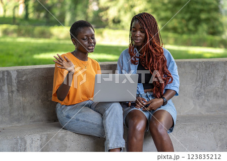 Two African American women on video call with laptop in park, studying and collaborating on project Two African American women on video call with laptop in park, studying and collaborating on project 123835212