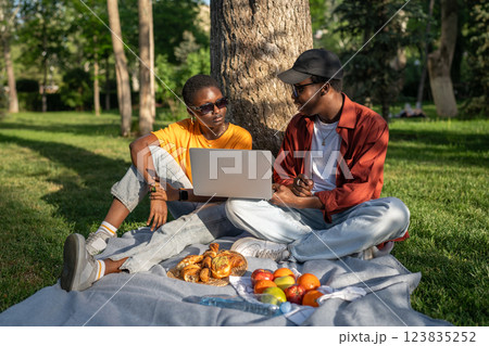 Determined African American couple learns and works in park with laptop. Man explaining and showing 123835252