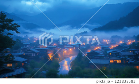 霧に包まれた山間の静かな集落 123835383