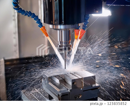 CNC milling machine processing on steel with cooling 123835852