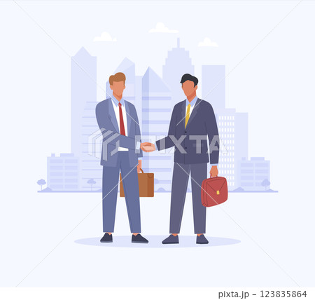 Partnership in business. Two men in suits shaking hands on the city background. Business concept of concluding contract, teamwork 123835864
