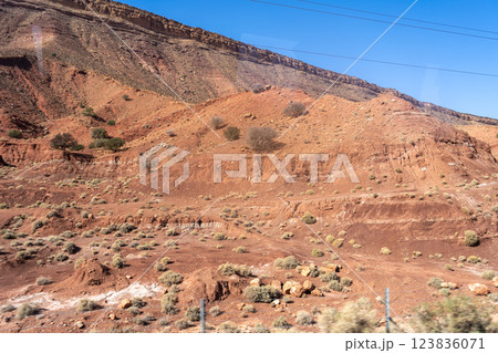 Morocco semi-deserts and mountains, north africa nature, Moroccan stone desert, red hills, villages and argan trees 123836071