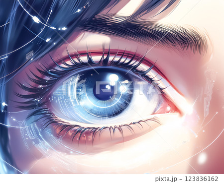 ホログラフィックディスプレイと瞳のアップのイラスト素材 123836162