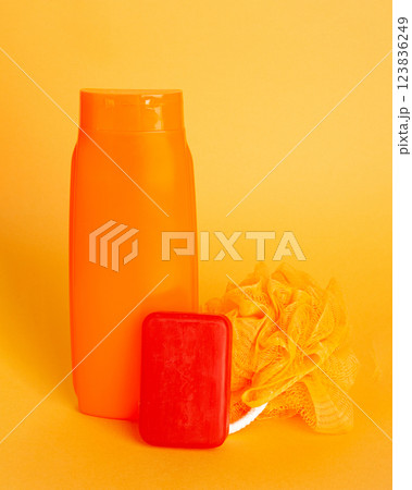 Soap Bar on Blue, Body Care Cosmetic, Flavored Soapy Detergent, Bath Salt, Loofah, Shampoo, White Soaps 123836249