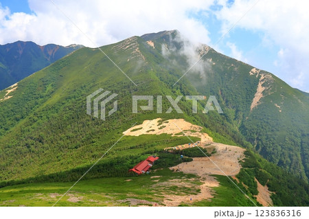 夏の常念岳から見る常念小屋と横通岳 123836316