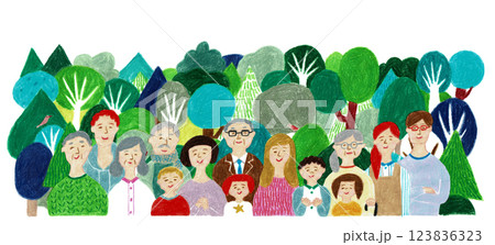 手描きイラスト 森林の前で微笑む人々 手描きイラスト 森林の前で微笑む人々 123836323
