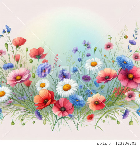 Vibrant wildflower bouquet featuring daisies, poppies, and bluebells. Red, blue, and white hues with lush green leaves. Great for floral-themed artwork 123836383