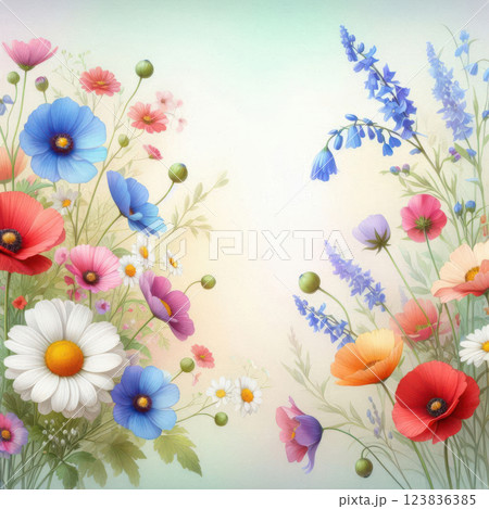 Vibrant wildflower bouquet featuring daisies, poppies, and bluebells. Red, blue, and white hues with lush green leaves. Great for floral-themed artwork Vibrant wildflower bouquet featuring daisies, poppies, and bluebells. Red, blue, and white hues with lush green leaves. Great for floral-themed artwork 123836385