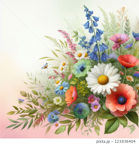 Bright wildflower bouquet with daisies, poppies, and bluebells in red, blue, and white. Lush green leaves add depth. Ideal for floral-themed designs Bright wildflower bouquet with daisies, poppies, and bluebells in red, blue, and white. Lush green leaves add depth. Ideal for floral-themed designs 123836404