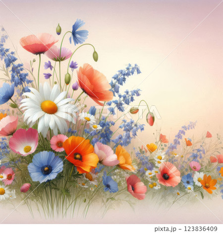 Vibrant botanical illustration of a wildflower bouquet featuring daisies, poppies, and bluebells in red, blue, and white hues. Lush green foliage adds depth. Perfect for floral-themed designs 123836409