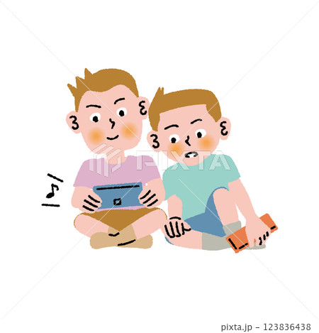 子ども2人がゲームで遊んでいる 123836438