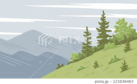 Illustration of a green forest in the mountains Illustration of a green forest in the mountains 123836463