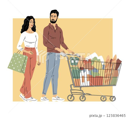 Young couple with grocery cart in supermarket Young couple with grocery cart in supermarket 123836465