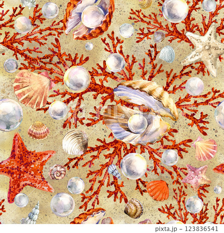 Luxory seashells seamless pattern. Watercolor marune print 123836541
