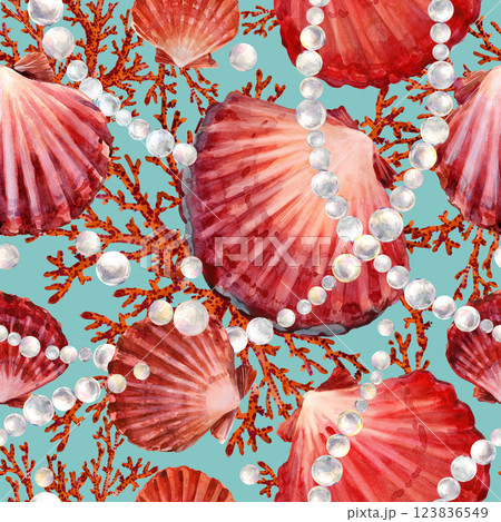 Luxory seashells seamless pattern. Watercolor marune print 123836549