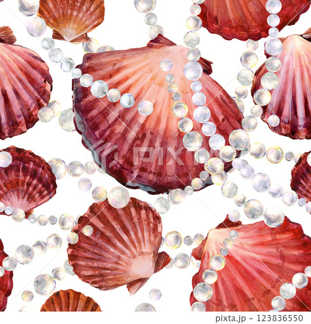 Luxory seashells seamless pattern. Watercolor marune print 123836550