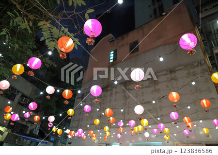 Feb 10 2025 Colorful Lanterns Lighting a Courtyard with Festive Decoration 123836586