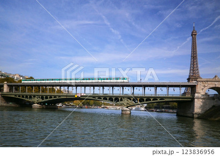 Subway train passing on the viaduc de Passy near the Eiffel Tower in Paris 123836956