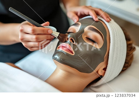 Professional Therapeutic Facial Treatment Application During Luxurious Spa Skincare Session by Licensed Esthetician 123837034