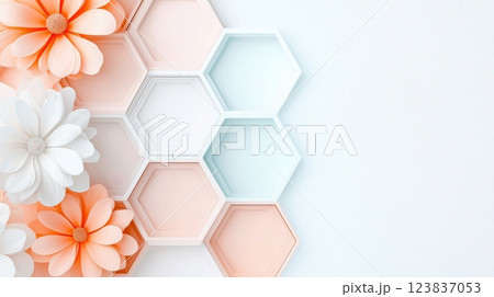A clean and modern design featuring geometric honeycomb shapes in pastel colors, with delicate white and peach flowers on the left side, adding a subtle and minimalist touch. 123837053