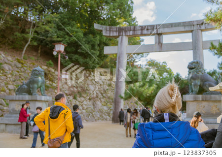 【広島宮島 石鳥居と狛犬】 【広島宮島 石鳥居と狛犬】 123837305