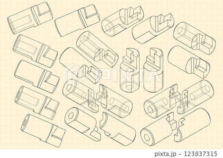 Mechanical engineering drawings on sepia background. Cutter, assembly tool with replaceable multi-faceted plate. Technical Design. Cover. Blueprint. Vector illustration. 123837315