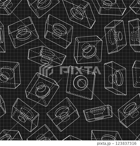 Mechanical engineering drawings on black background. Cutter, assembly tool with replaceable multi-faceted plate. Technical Design. Cover. Blueprint. Vector illustration. Seamless pattern. 123837316