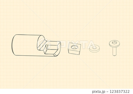 Mechanical engineering drawings on sepia background. Cutter, assembly tool with replaceable multi-faceted plate. Technical Design. Cover. Blueprint. Vector illustration. 123837322