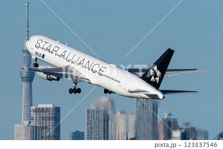 ANA B767スターアライアンス羽田離陸上昇 ANA B767スターアライアンス羽田離陸上昇 123837546