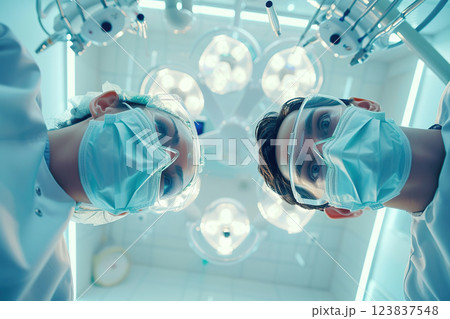 First person view of a dental patient and two doctors wearing medical masks and goggles looking directly into the camera. Healthcare concept. Appointment with the dentist. Copy space. Banner. 123837548