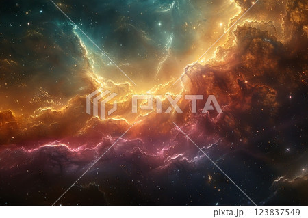Beautiful and magical view of space. Mysterious nebulae. Concept for astronomy, educational programs and scientific research. Space to add text, logo, advertising banner and unique design projects 123837549