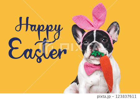 Happy Easter. Cute puppy and congratulatory inscription Happy Easter. Cute puppy and congratulatory inscription 123837611