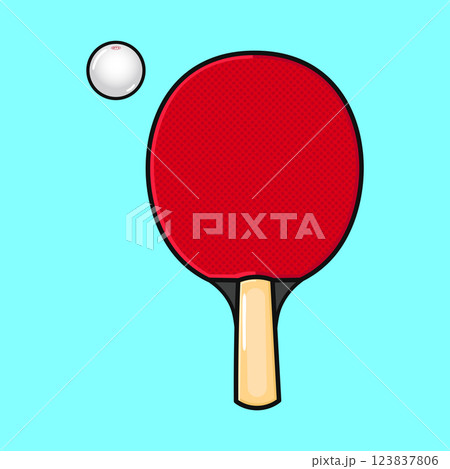 Red Ping Pong Paddle. Table Tennis Racket with White Ball on Teal Background Red Ping Pong Paddle. Table Tennis Racket with White Ball on Teal Background 123837806