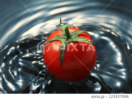 水面に落ちるミニトマト 水面に落ちるミニトマト 123837896