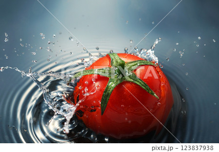 水面に落ちるミニトマト 水面に落ちるミニトマト 123837938