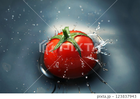 水面に落ちるミニトマト 水面に落ちるミニトマト 123837943