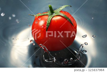 水面に落ちるミニトマト 水面に落ちるミニトマト 123837964