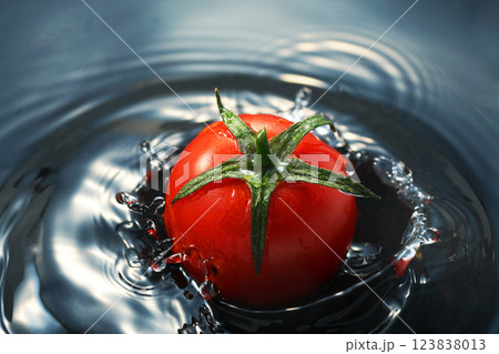水面に落ちるミニトマト 水面に落ちるミニトマト 123838013