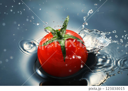 水面に落ちるミニトマト 123838015