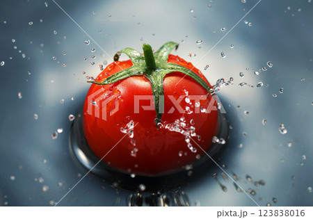 水面に落ちるミニトマト 123838016