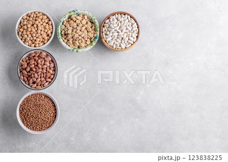 Dry legumes mix, plant-based protein sources 123838225