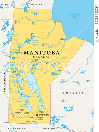 Manitoba, a province of Canada, political map with boundaries, and largest cities, rivers and lakes. Located at the longitudinal centre of the country, with capital Winnipeg. Illustration. Vector 123838250