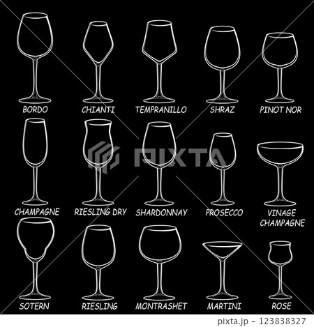 A set of glasses for wine, cocktails and other drinks. Set of line drawings. 123838327