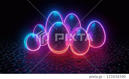 Vibrant neon eggs illuminated in a dark reflective environment 123838390