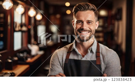 Barbershop worker smiling while showcasing craftsmanship in a cozy establishment 123838423