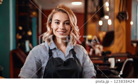 Skilled barbershop worker smiles while posing in a vibrant salon setting 123838424