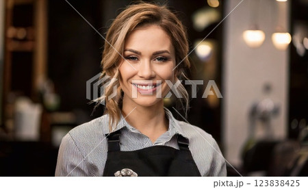 Skilled barbershop worker smiling while showcasing expertise and professionalism 123838425